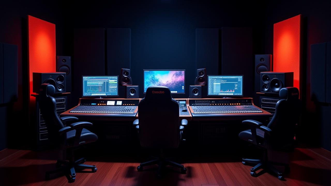 Sala de control de Ankua Studios con consola de mezcla, monitores y equipo de edición.