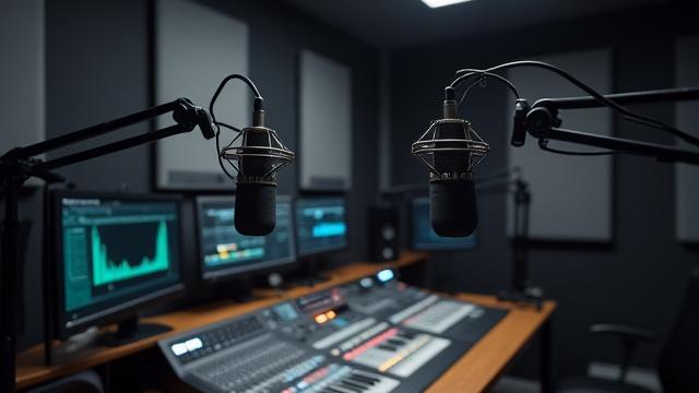 Estudio de grabación de podcasts con micrófonos y equipo profesional
